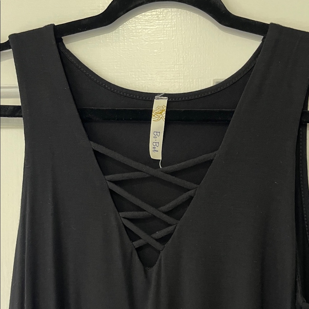 Bo Bel Super Cute Flowy Black Sleeveless Tank Top with Crisscross Detail